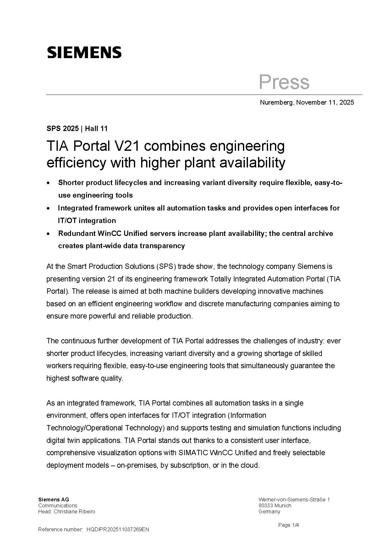 SEA_Siemens_HQDIPR202511037269EN_Page_1 TIA Portal V21 combines engineering efficiency with higher plant availability
